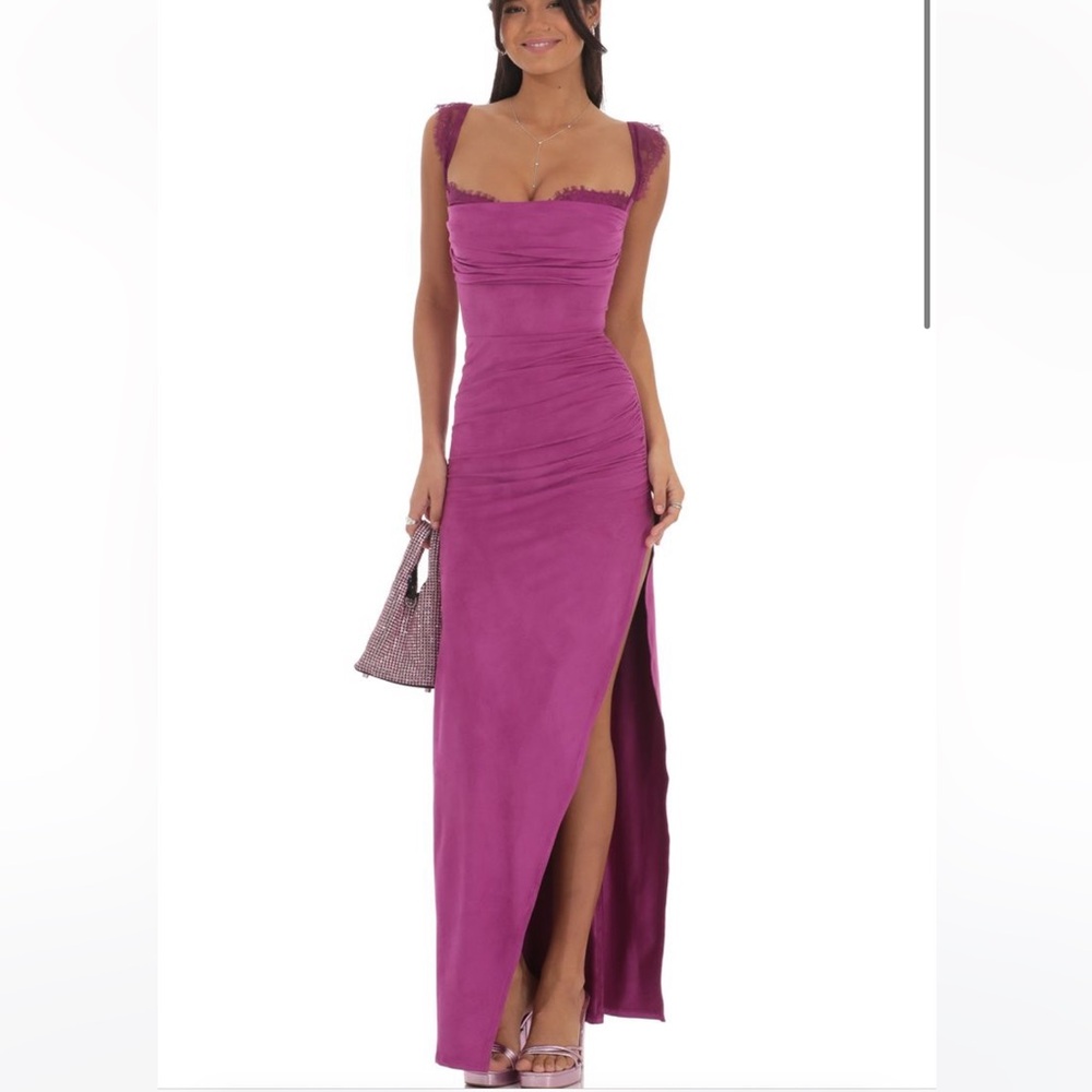 NWOT Lucy In The Sky Suede Draped Lace Maxi Dress in Magenta